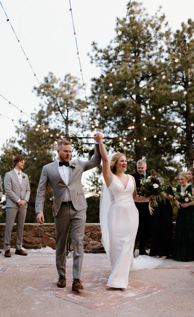 Bride and groom at wedding ceremony after becoming husband and wife